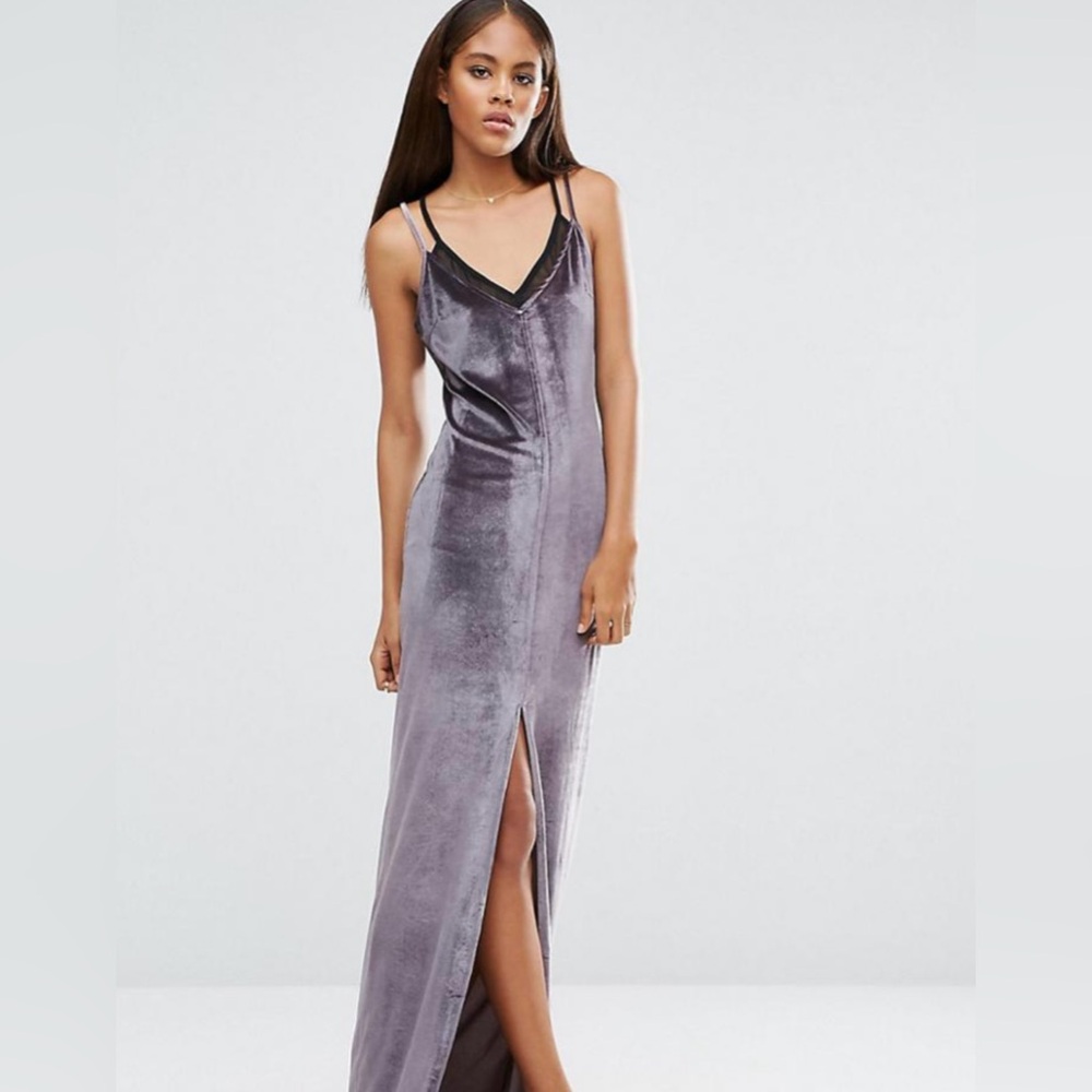 Naanaa Tall Velvet Strappy Double Layer Dress in Charcoal Grey size US 8